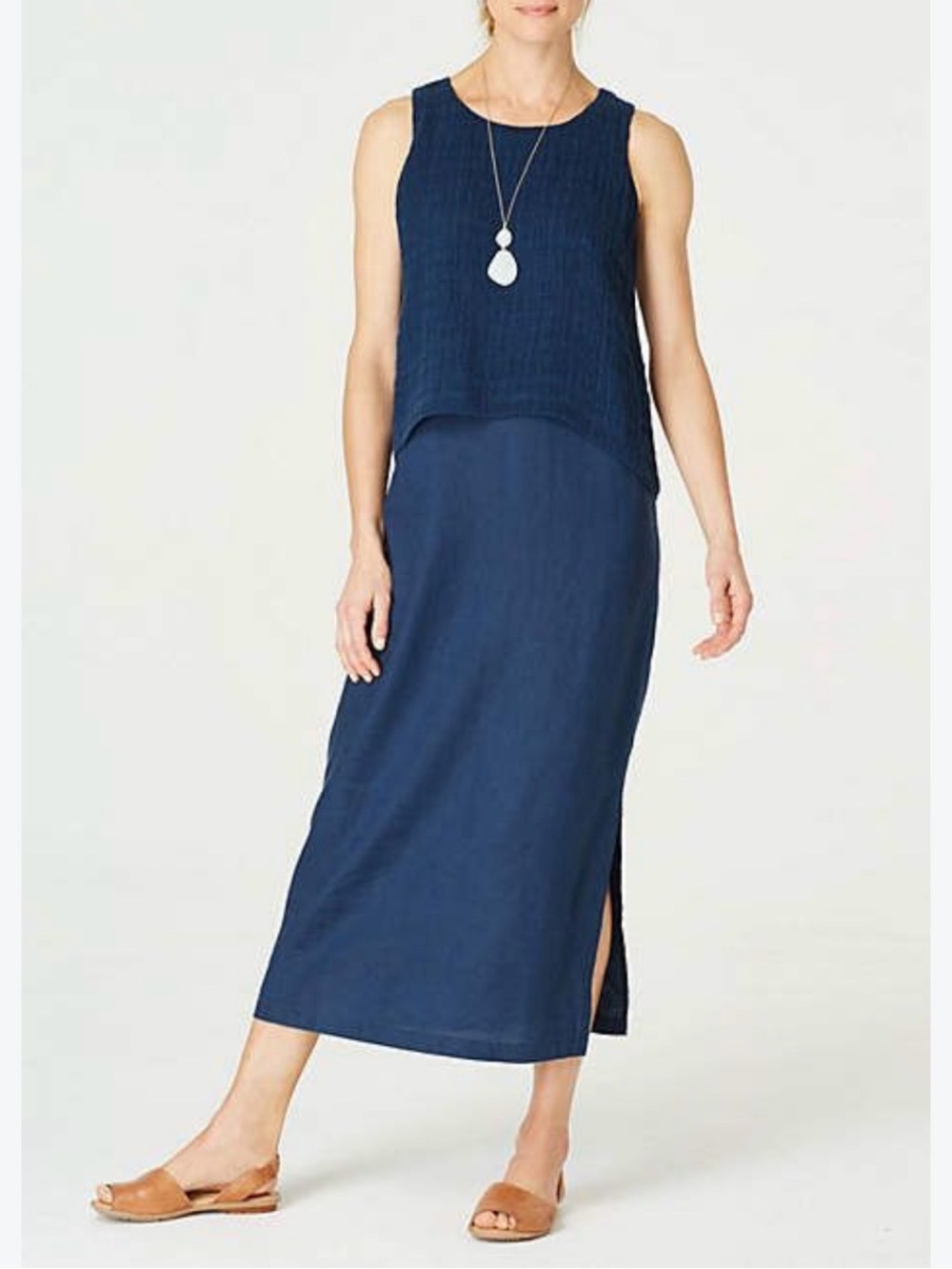J Jill Pure Jill Linen Dress Blue Medium Crinkle Layer Midi Side Slit Lagenlook